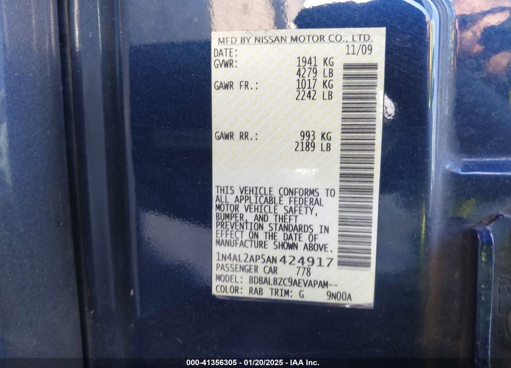 2010 NISSAN ALTIMA 2.5 S VIN: 1N4AL2AP5AN424917