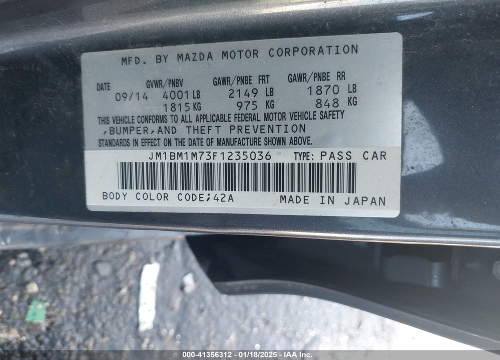 2015 MAZDA MAZDA3 VIN: JM1BM1M73F1235036
