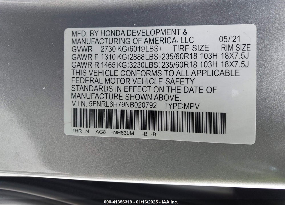 2022 HONDA ODYSSEY EX-L VIN: 5FNRL6H79NB020792