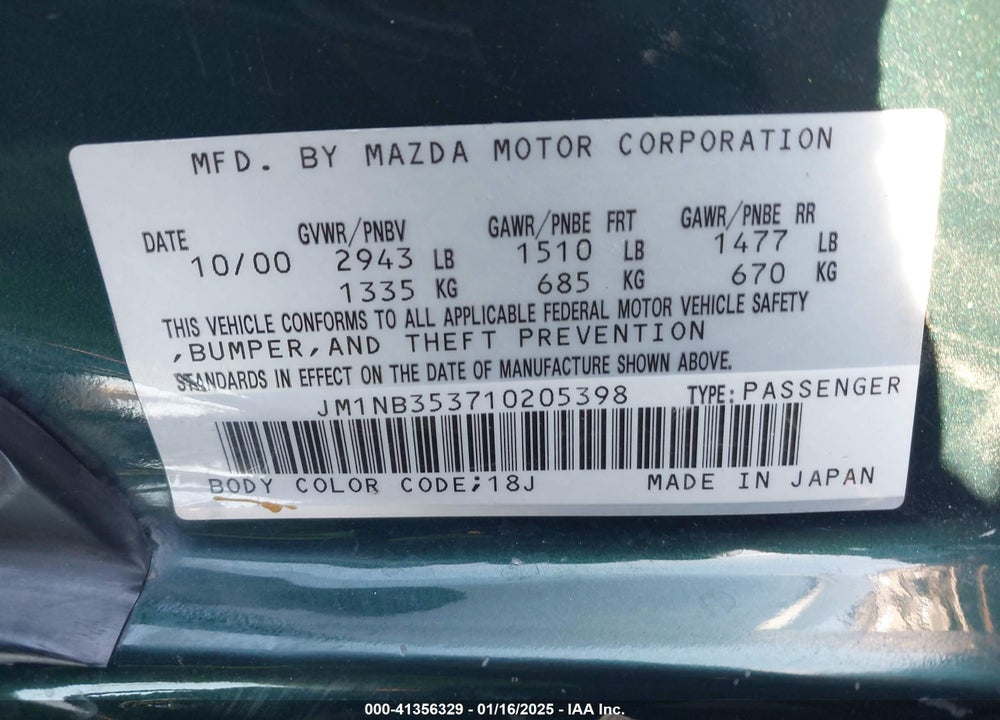 2001 MAZDA MX-5 MIATA LS/SPECIAL EDITION VIN: JM1NB353710205398