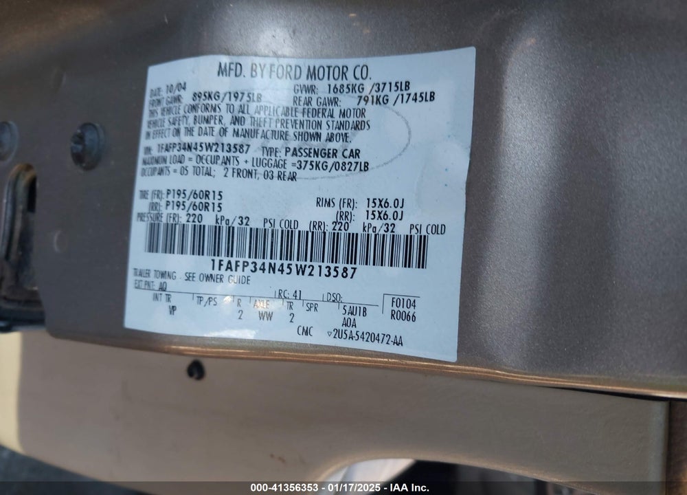 2005 FORD FOCUS ZX4 VIN: 1FAFP34N45W213587