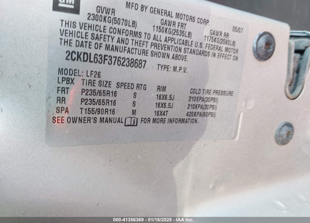 2007 PONTIAC TORRENT VIN: 2CKDL63F376238687