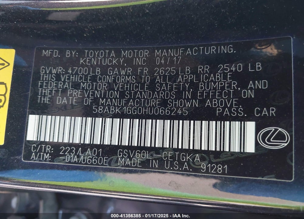 2017 LEXUS ES 350 VIN: 58ABK1GG0HU066245