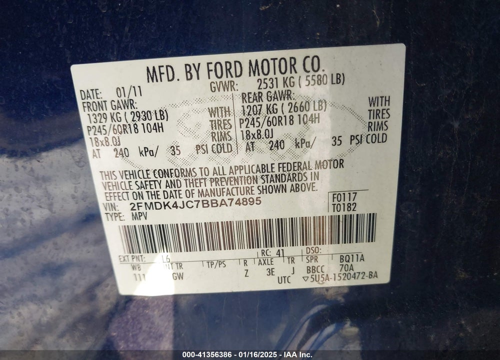 2011 FORD EDGE SEL VIN: 2FMDK4JC7BBA74895