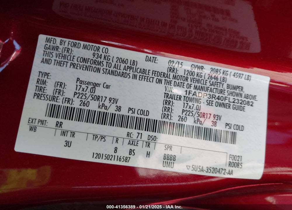 2015 FORD FOCUS ELECTRIC VIN: 1FADP3R40FL232082