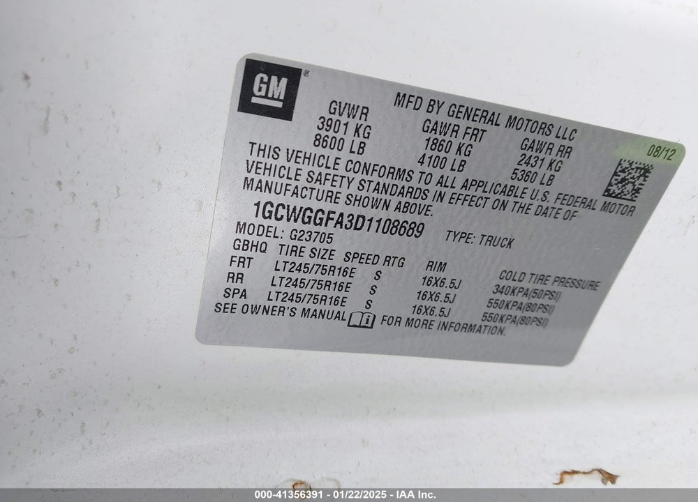 2013 CHEVROLET EXPRESS 2500 WORK VAN VIN: 1GCWGGFA3D1108689