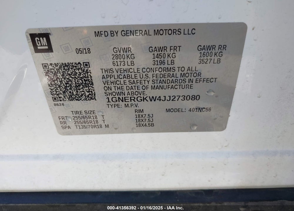 2018 CHEVROLET TRAVERSE 1LT VIN: 1GNERGKW4JJ273080