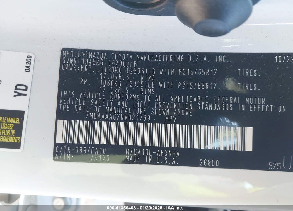 2022 TOYOTA COROLLA CROSS VIN: 7MUAAAAG7NV031789