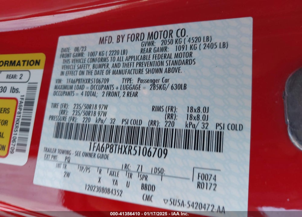 2024 FORD MUSTANG VIN: 1FA6P8THXR5106709