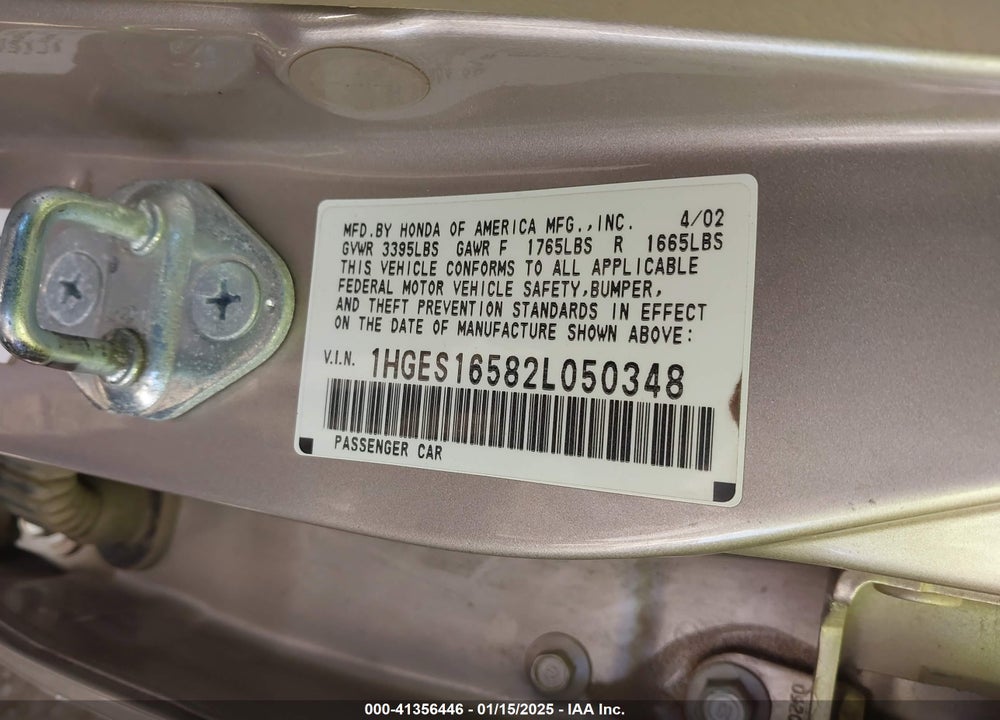2002 HONDA CIVIC LX VIN: 1HGES16582L050348