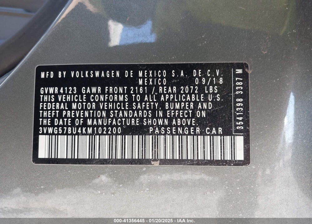 2019 VOLKSWAGEN JETTA VIN: 3VWG57BU4KM102200
