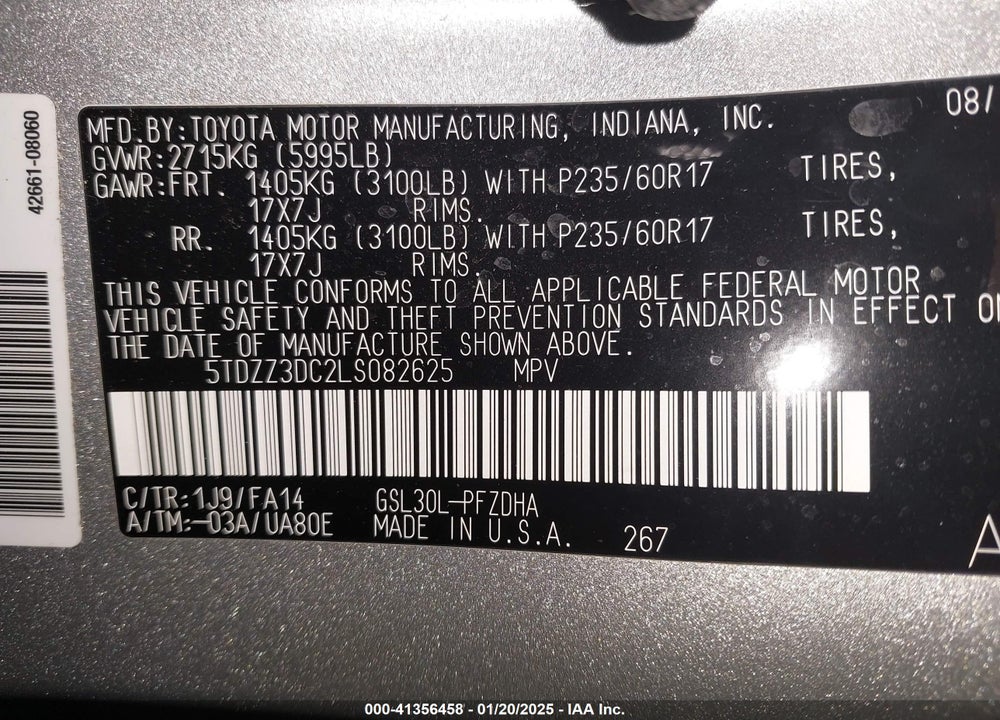 2020 TOYOTA SIENNA VIN: 5TDZZ3DC2LS082625