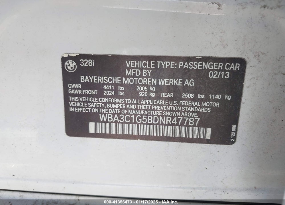 2013 BMW 328I VIN: WBA3C1G58DNR47787