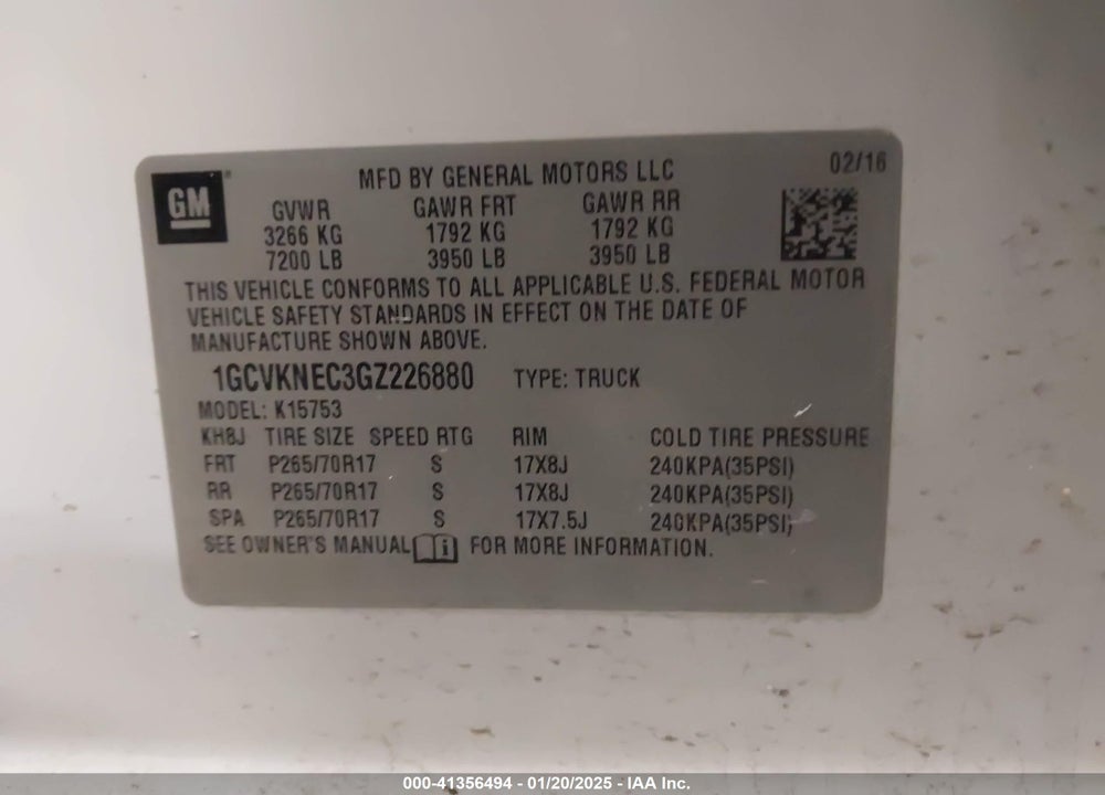 2016 CHEVROLET SILVERADO 1500 VIN: 1GCVKNEC3GZ226880