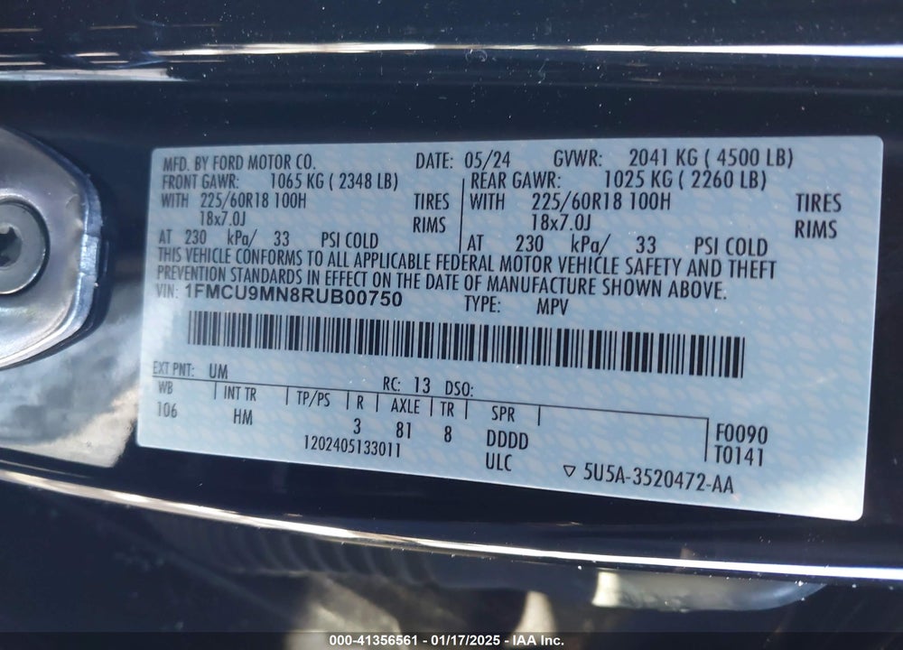 2024 FORD ESCAPE ST LINE VIN: 1FMCU9MN8RUB00750