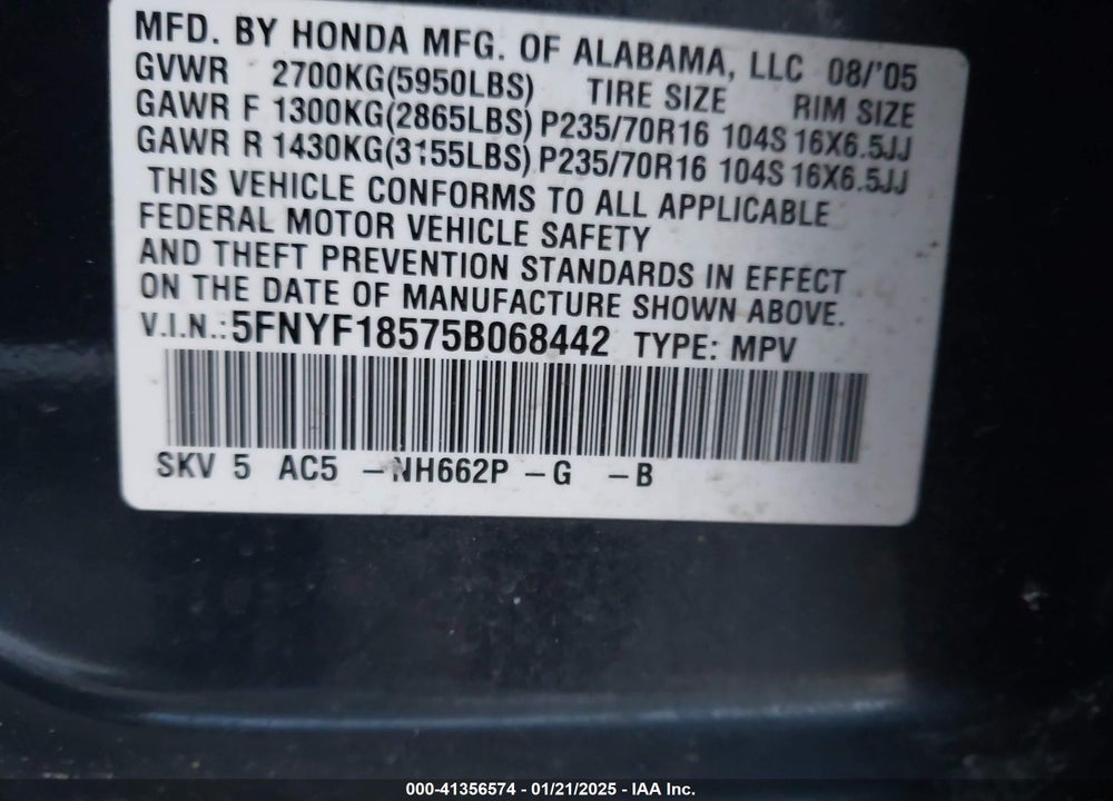 2005 HONDA PILOT EX-L VIN: 5FNYF18575B068442