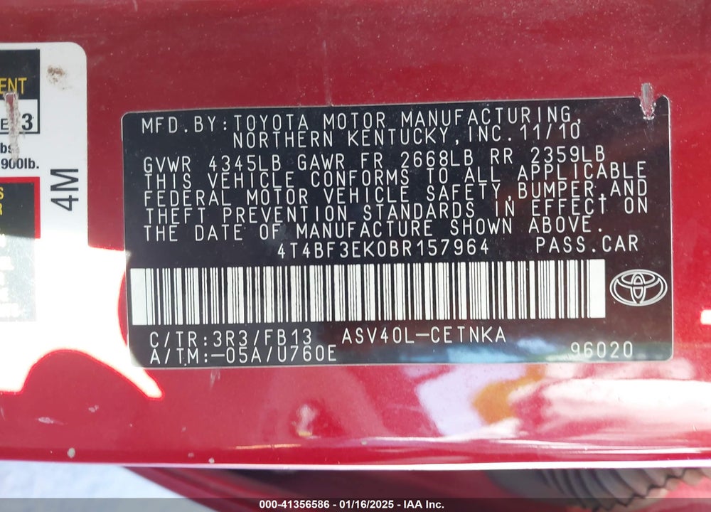 2011 TOYOTA CAMRY VIN: 4T4BF3EK0BR157964
