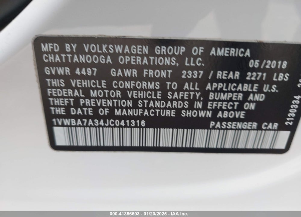 2018 VOLKSWAGEN PASSAT VIN: 1VWBA7A34JC041316