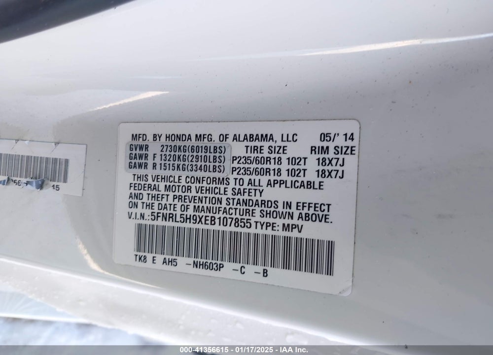 2014 HONDA ODYSSEY TOURING/TOURING ELITE VIN: 5FNRL5H9XEB107855