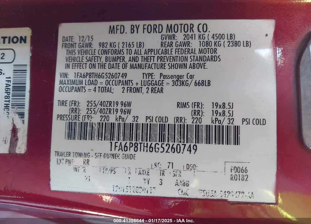 2016 FORD MUSTANG VIN: 1FA6P8TH6G5260749
