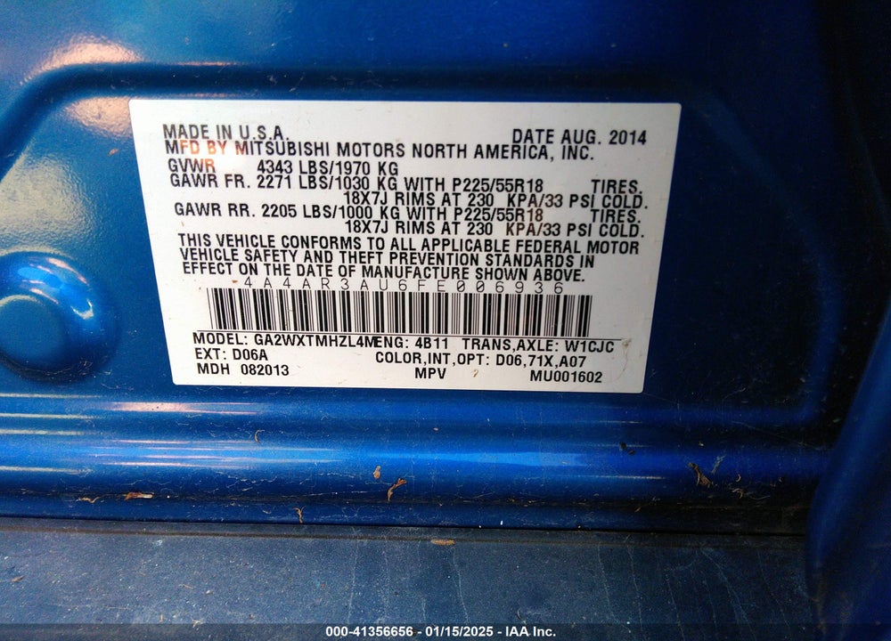 2015 MITSUBISHI OUTLANDER SPORT ES VIN: 4A4AR3AU6FE006936