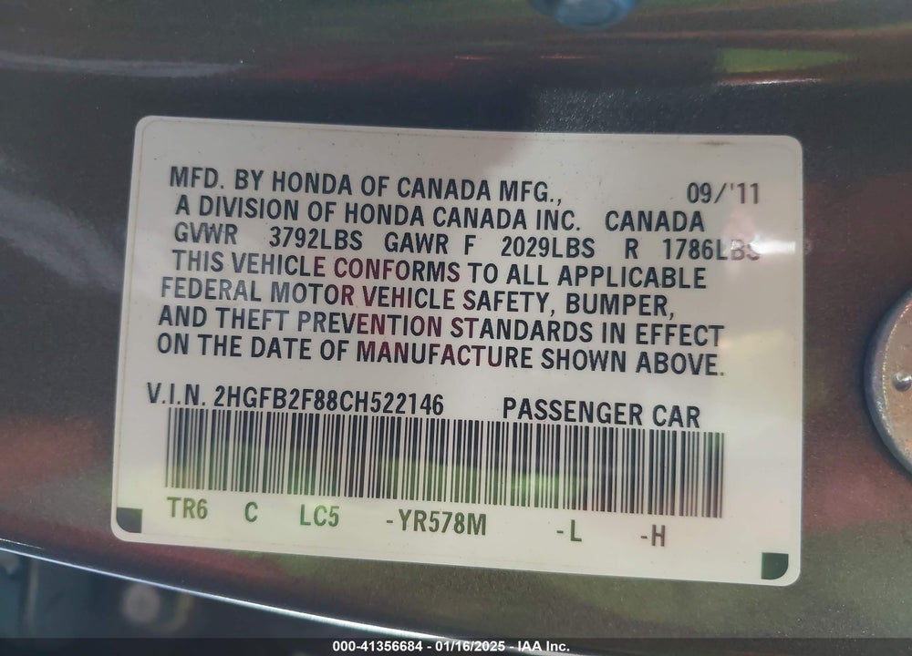 2012 HONDA CIVIC VIN: 2HGFB2F88CH522146
