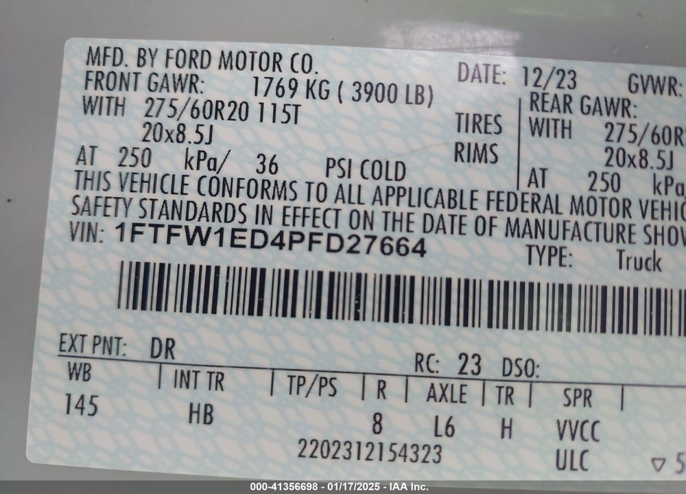2023 FORD F-150 VIN: 1FTFW1ED4PFD27664