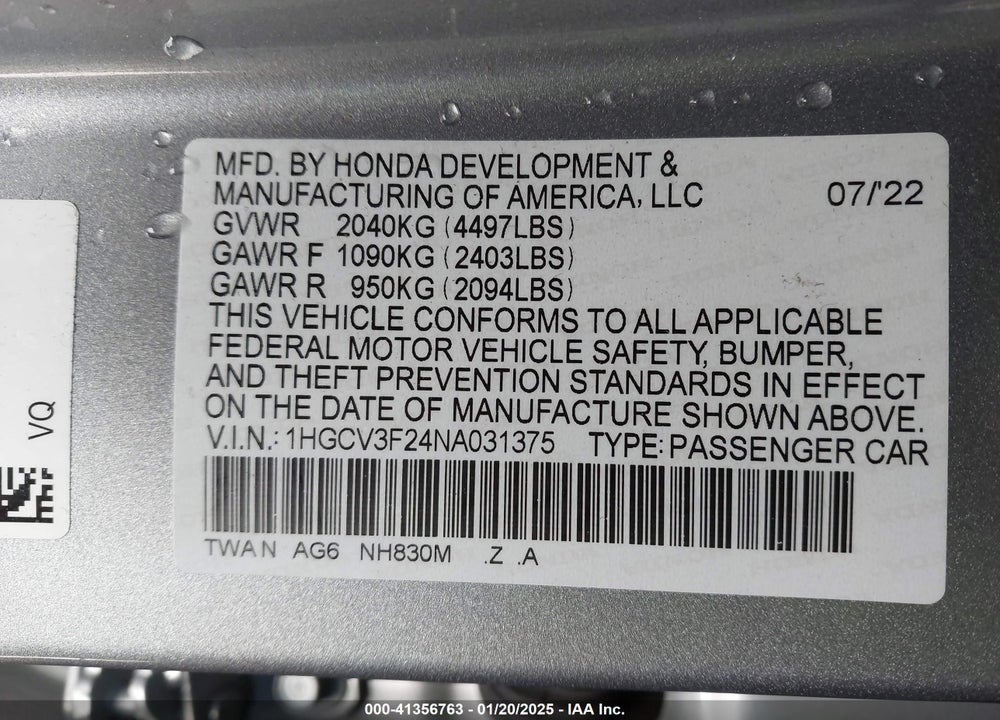 2022 HONDA ACCORD VIN: 1HGCV3F24NA031375