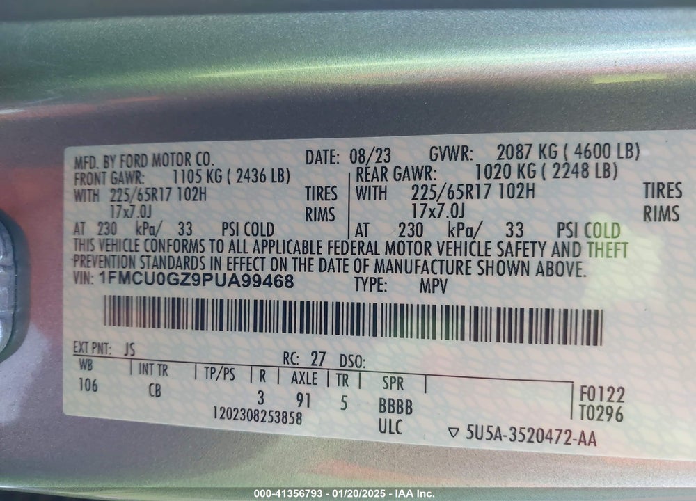 2023 FORD ESCAPE ACTIVE VIN: 1FMCU0GZ9PUA99468