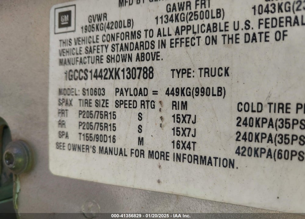 1999 CHEVROLET S-10 LS VIN: 1GCCS1442XK130788