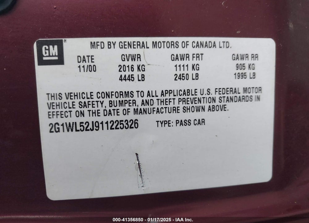 2001 CHEVROLET LUMINA VIN: 2G1WL52J911225326