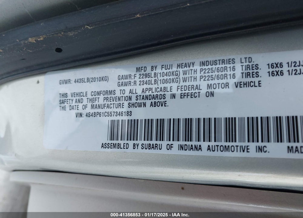 2005 SUBARU OUTBACK 2.5I VIN: 4S4BP61C557346183