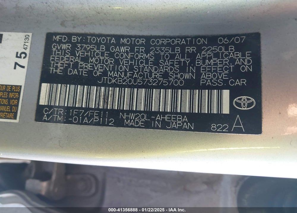2007 TOYOTA PRIUS VIN: JTDKB20U573275700