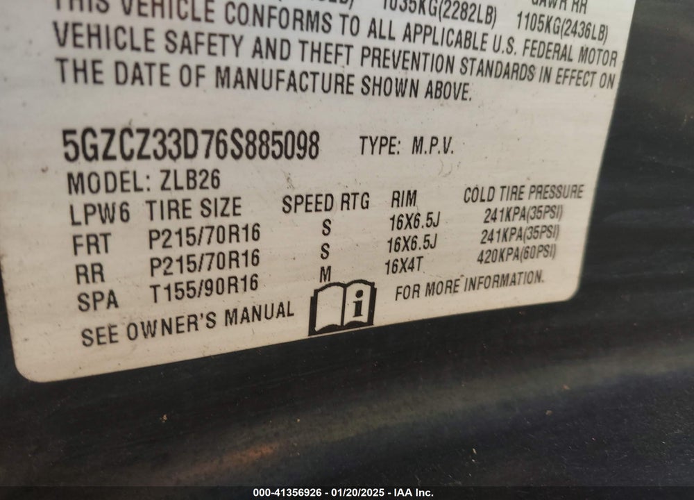 2006 SATURN VUE 4 CYL VIN: 5GZCZ33D76S885098