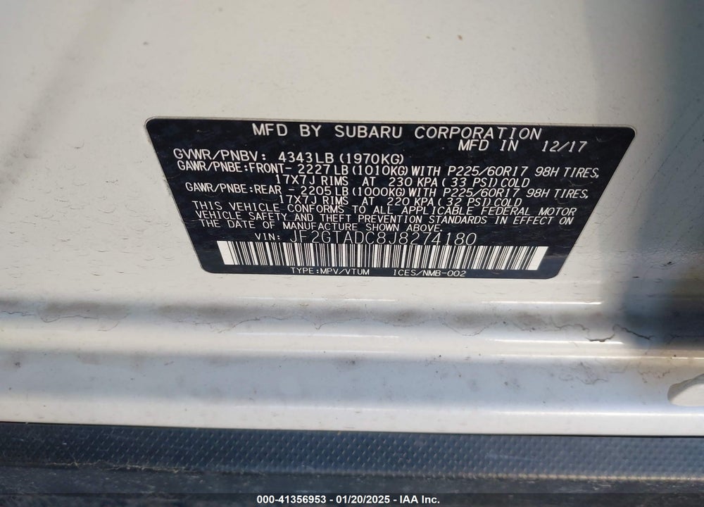 2018 SUBARU CROSSTREK 2.0I PREMIUM VIN: JF2GTADC8J8274180