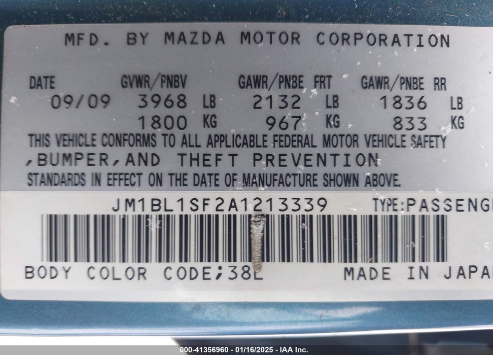 2010 MAZDA MAZDA3 VIN: JM1BL1SF2A1213339