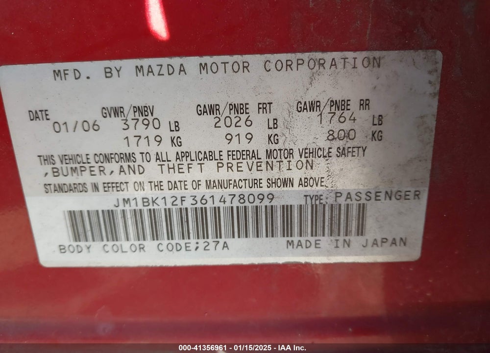 2006 MAZDA 3 I VIN: JM1BK12F361478099