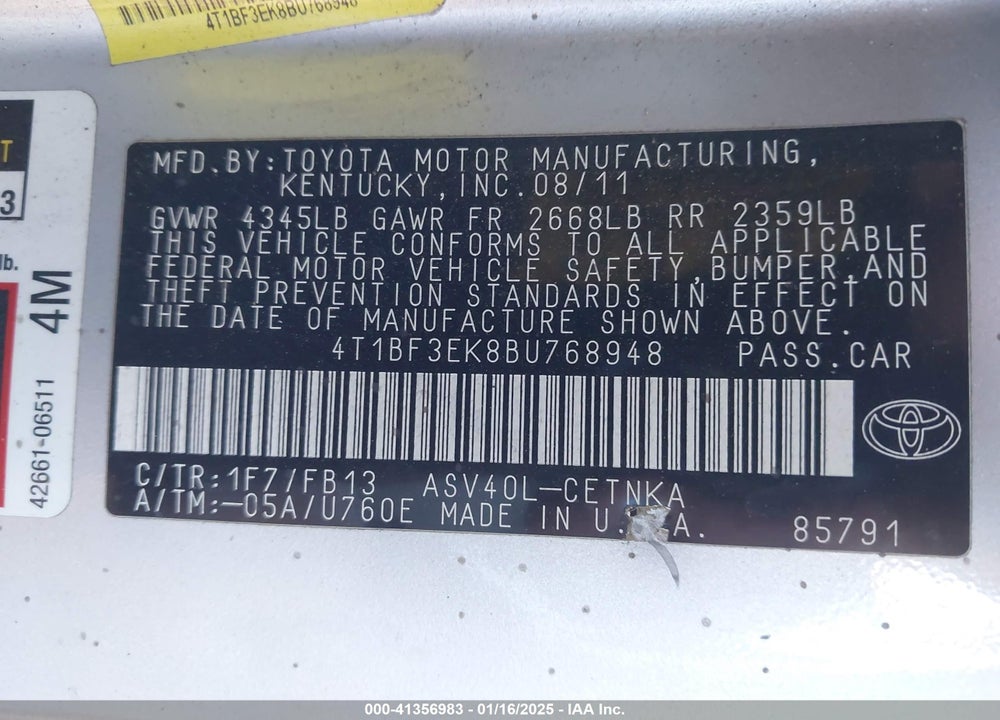 2011 TOYOTA CAMRY LE VIN: 4T1BF3EK8BU768948