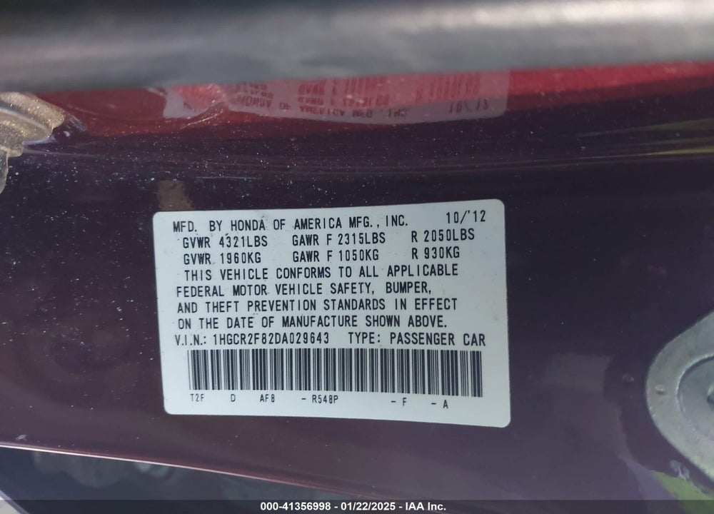 2013 HONDA ACCORD VIN: 1HGCR2F82DA029643