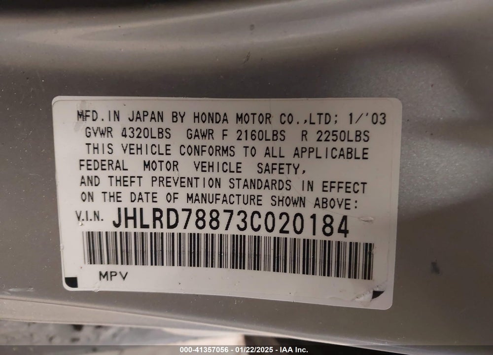 2003 HONDA CR-V EX VIN: JHLRD78873C020184