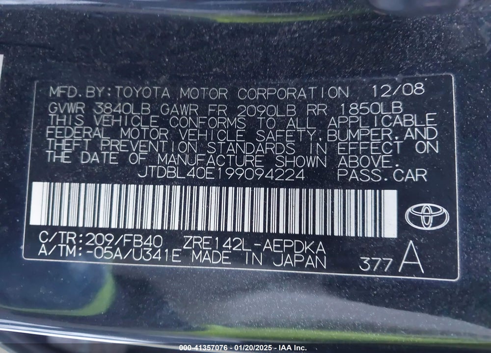 2009 TOYOTA COROLLA LE VIN: JTDBL40E199094224