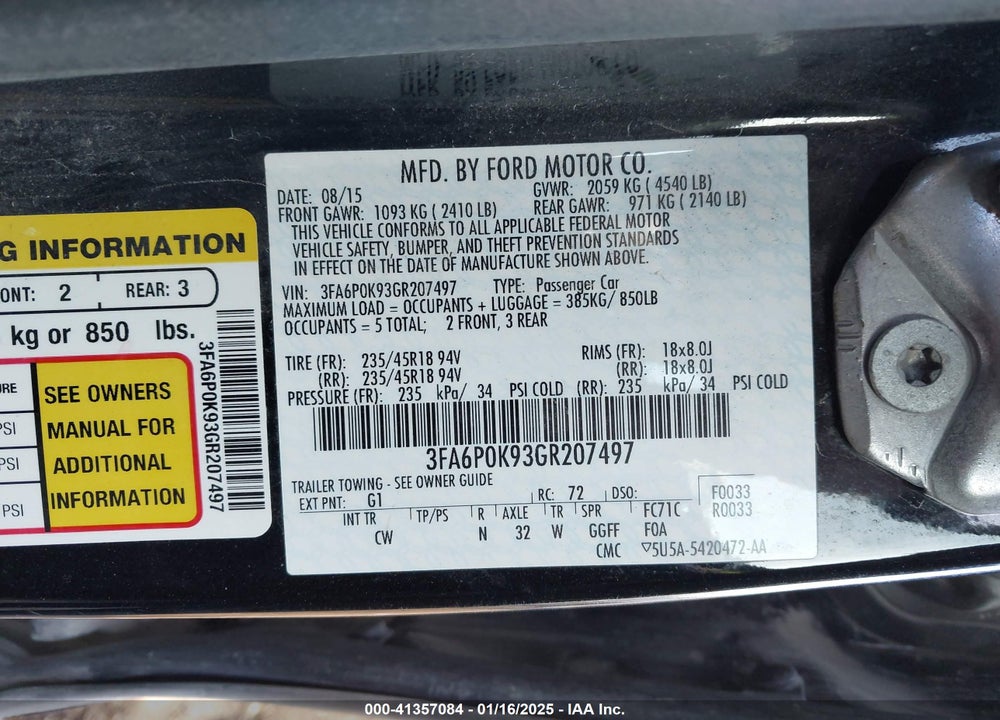 2016 FORD FUSION VIN: 3FA6P0K93GR207497