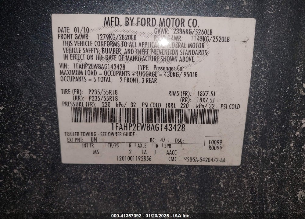 2010 FORD TAURUS VIN: 1FAHP2EW8AG143428