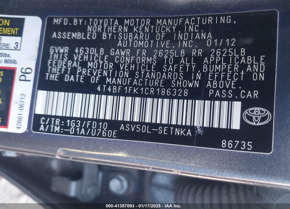 2012 TOYOTA CAMRY VIN: 4T4BF1FK1CR186328
