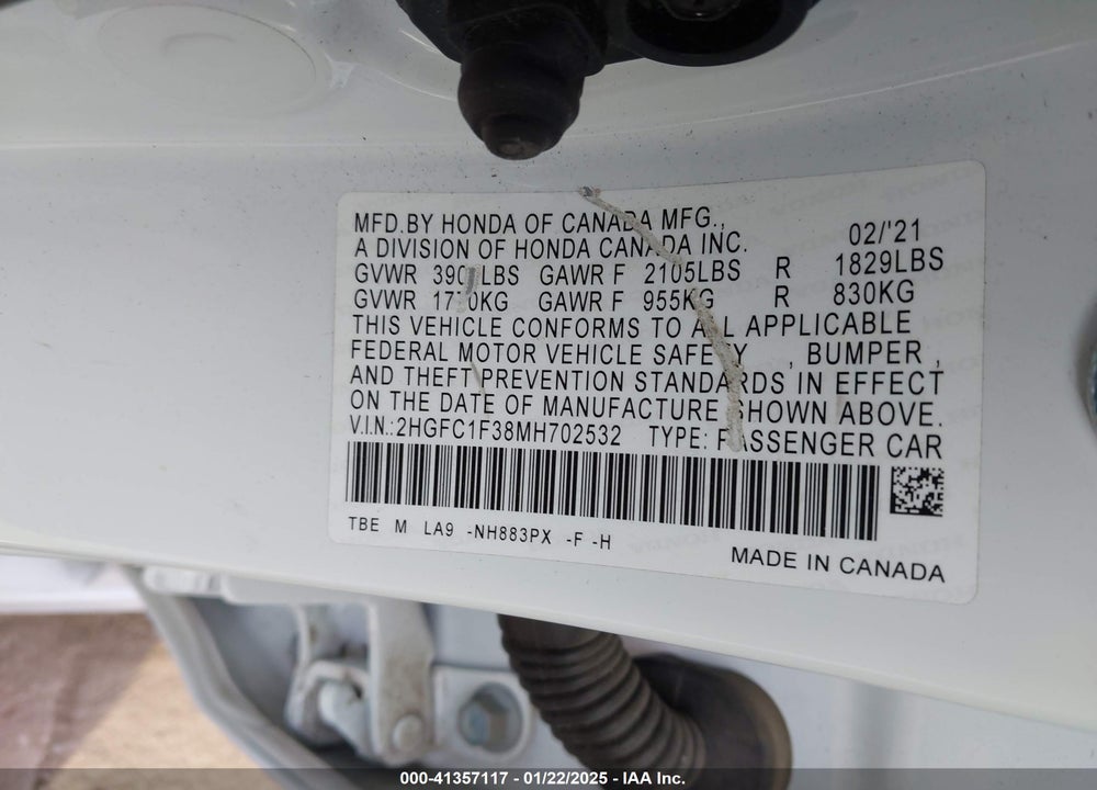 2021 HONDA CIVIC VIN: 2HGFC1F38MH702532