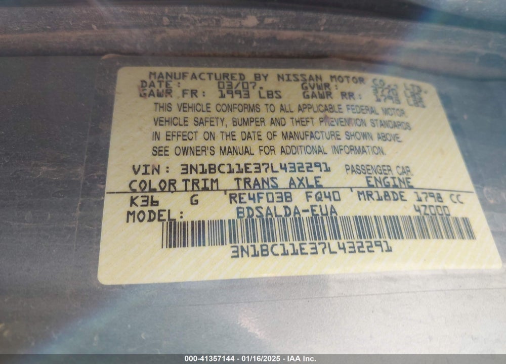 2007 NISSAN VERSA VIN: 3N1BC11E37L432291