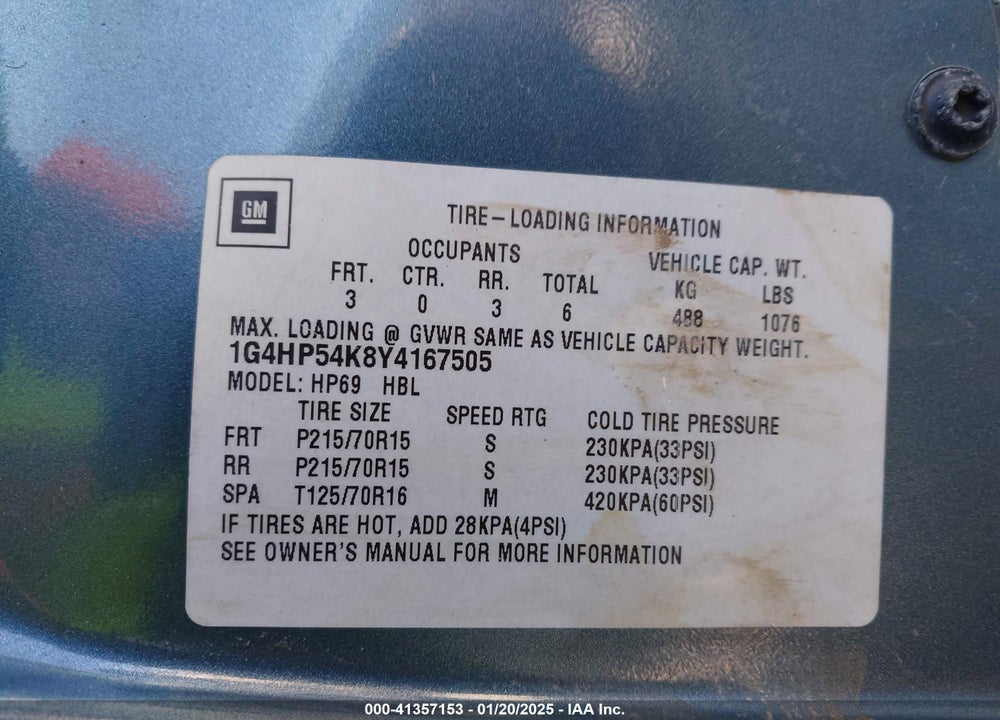 2000 BUICK LESABRE CUSTOM VIN: 1G4HP54K8Y4167505