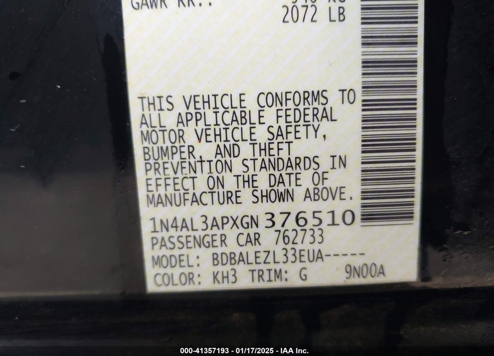 2016 NISSAN ALTIMA VIN: 1N4AL3APXGN376510