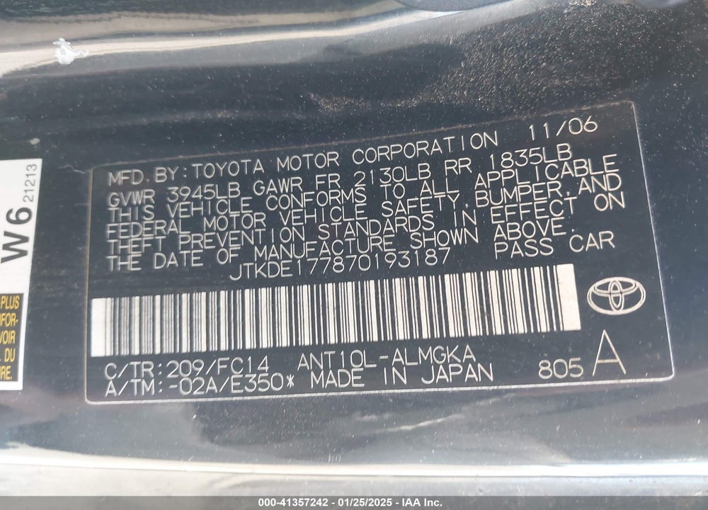 2007 SCIO TC MANUAL VIN: JTKDE177870193187
