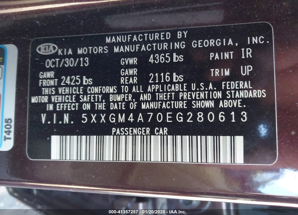 2014 KIA OPTIMA VIN: 5XXGM4A70EG280613